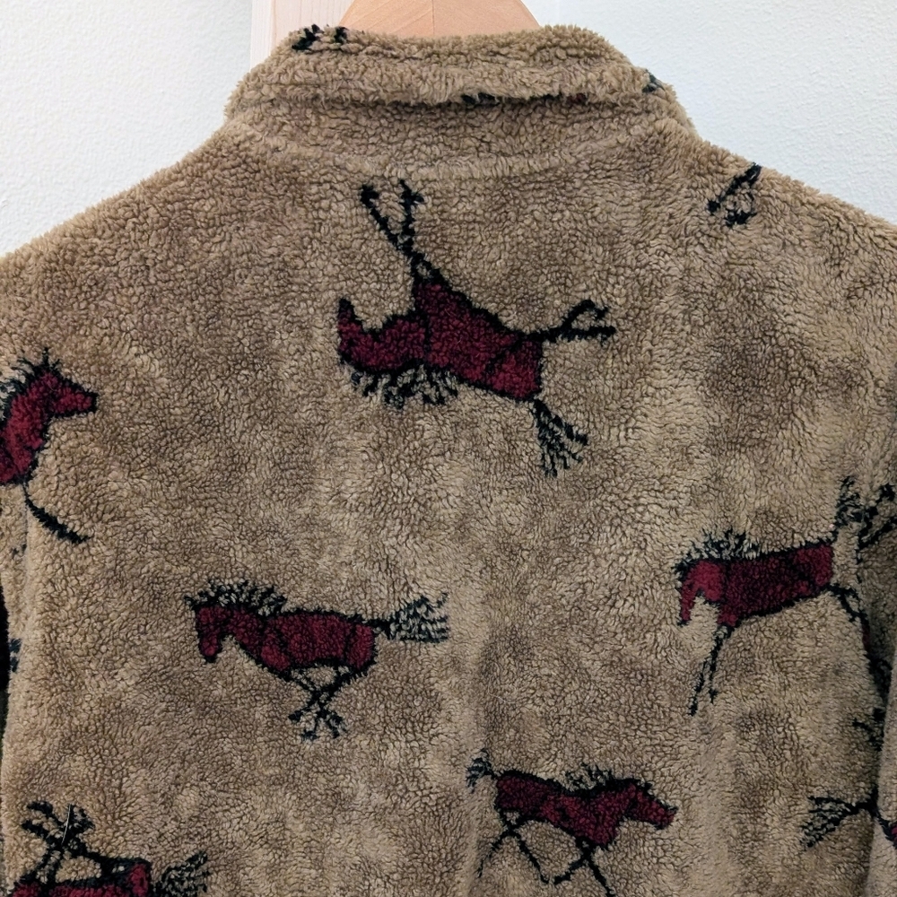 Vintage 90's Equestrian Collared Button Down Fleece Jacket In Tan/Black/Burgundy - Picture 10 of 11
